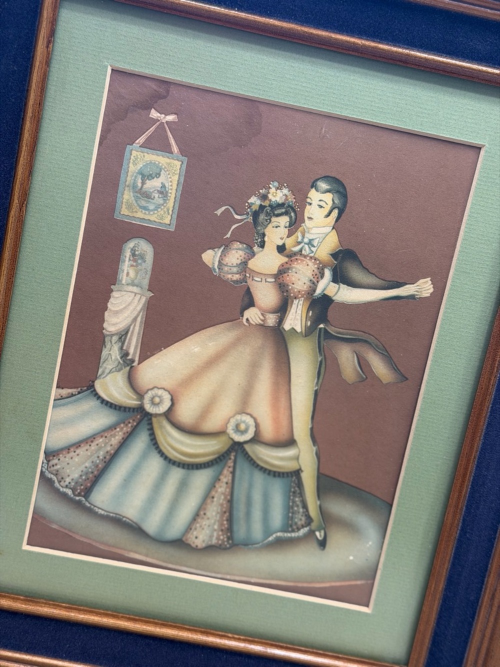 Vintage 1940’s Romantic Framed Print. Navy Velour Edge. 11.25x13.25